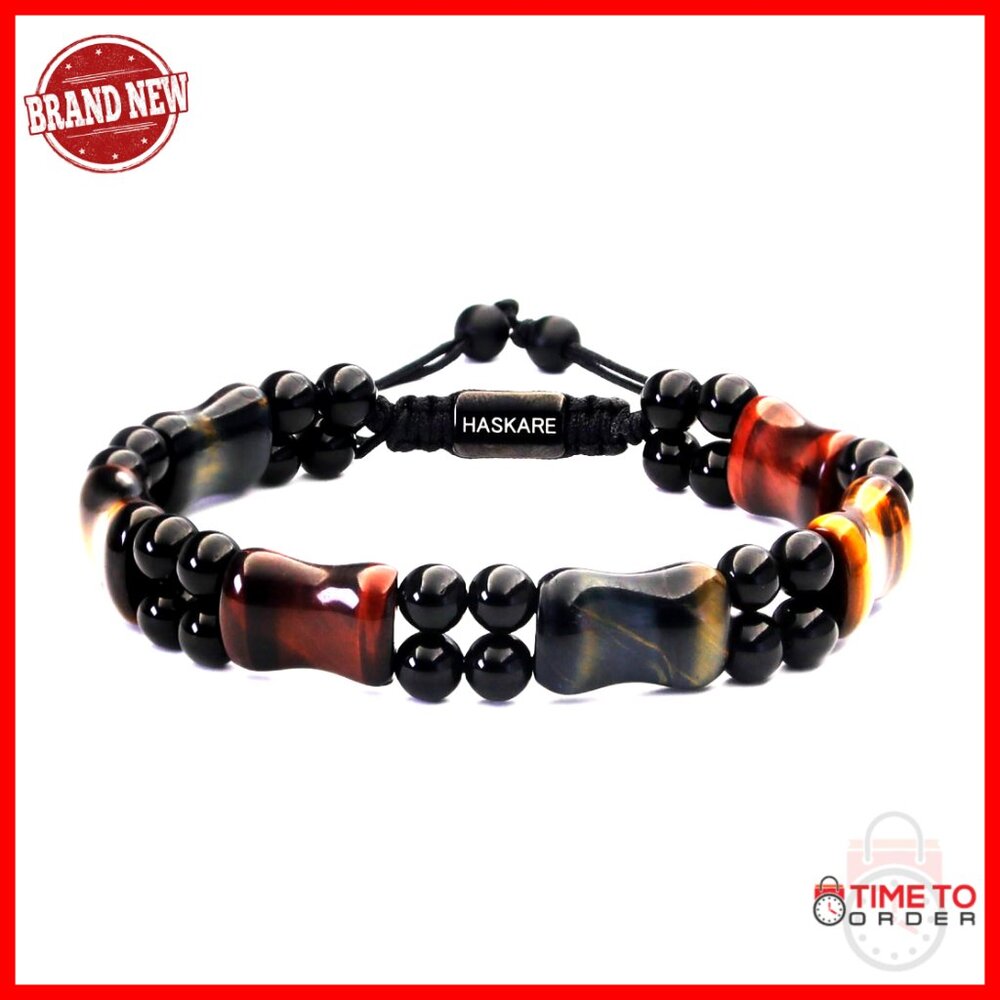 Large Adjustable Tiger Eye Crystal Bracelet for Men, Handcrafted Bead Protection